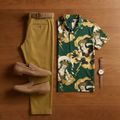 Men's Retro Dark Green Printed Short-Sleeve Shirt And Trousers Two-Piece Set  203535