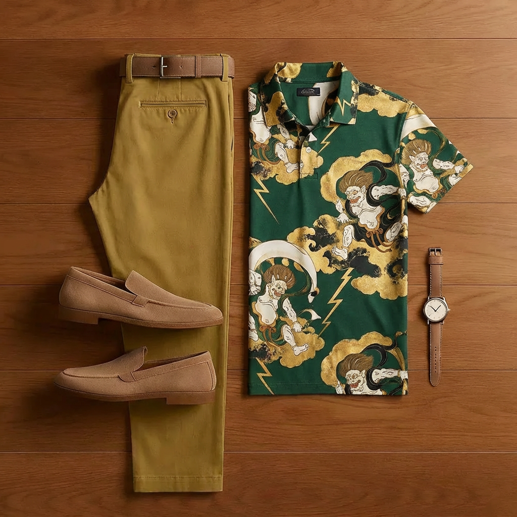 Men's Retro Dark Green Printed Short-Sleeve Shirt And Trousers Two-Piece Set  203535