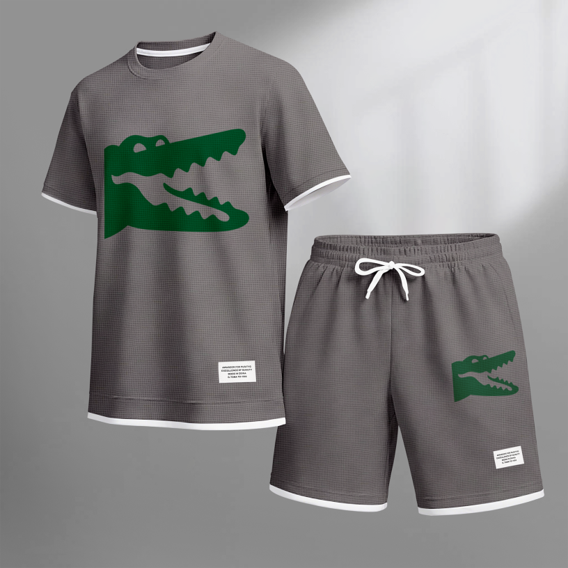 Men's Casual Style Crocodile Print Waffle Fabric Short-Sleeved Shirt And Shorts Set