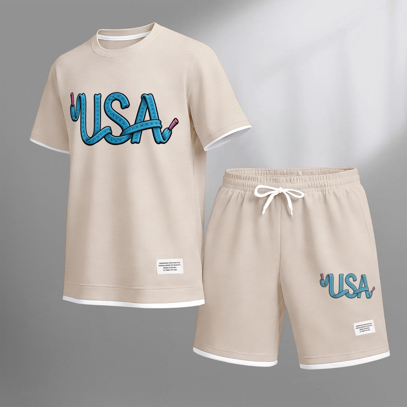 Men's USA print drawstring shorts set for spring/summer, a casual summer outfit including a short-sleeved shirt and shorts, suitable for everyday wear and sports. A two-piece set for a relaxed and energetic lifestyle.