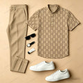 Men's Casual Khaki Plaid Color-Blocked Printed Crew Neck Short-Sleeved Shirt And Trousers Two-Piece Set