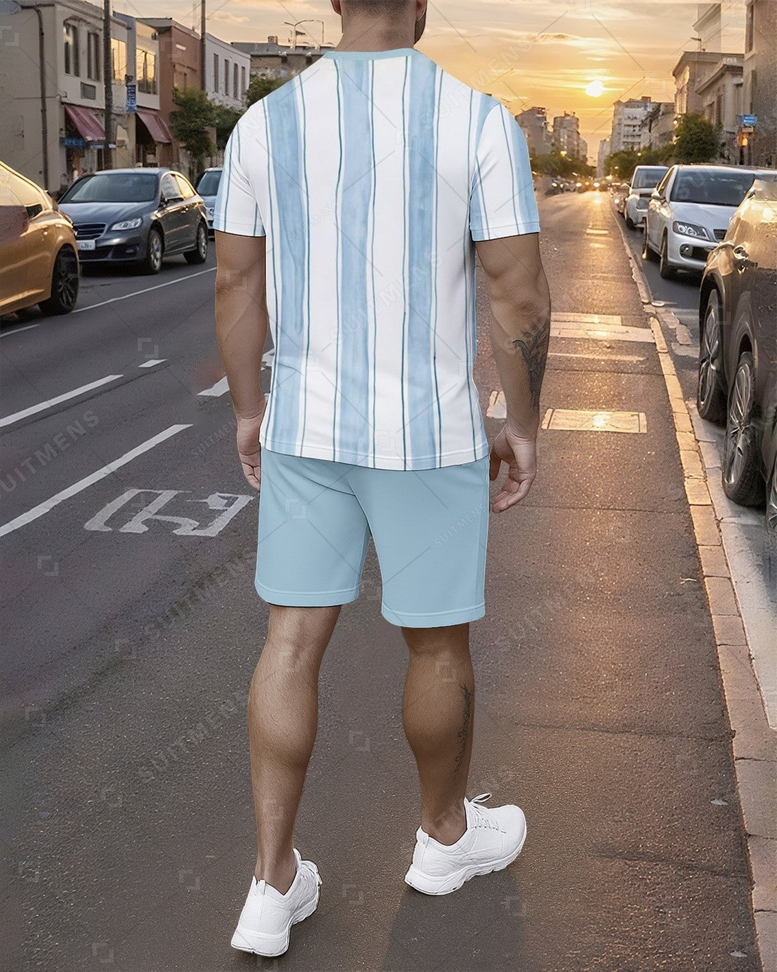 Men's Summer Colorblock Printed Round Neck Set 763