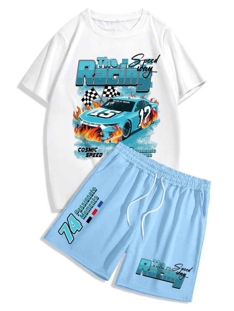 Men's Summer Car Print Round Neck Set 261