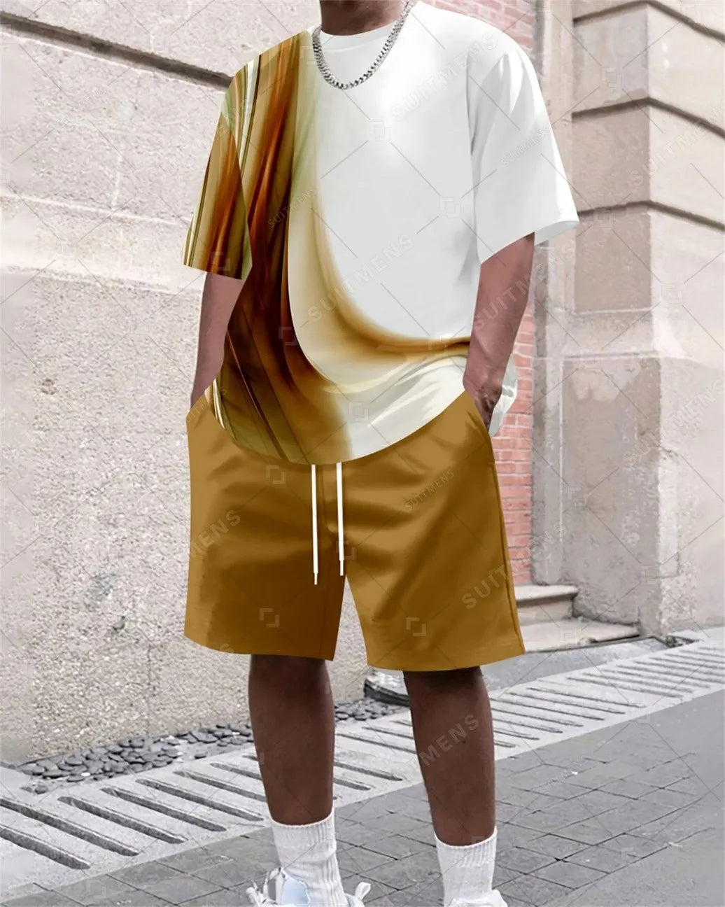 Men's Summer Gradient Print Round Neck Set 371