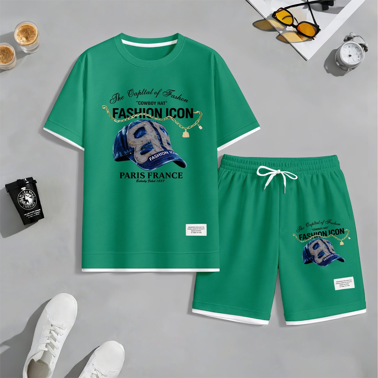 Men's Retro Cool Letter Print Short Sleeve T-Shirt & Shorts Set, Summer Lightweight Waffle Sporty Casual Two-Piece Outfit, Streetwear for Gym & Daily Wear