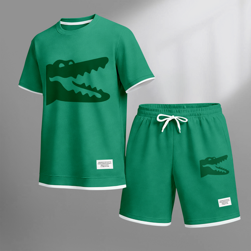 Men's Casual Style Crocodile Print Waffle Fabric Short-Sleeved Shirt And Shorts Set