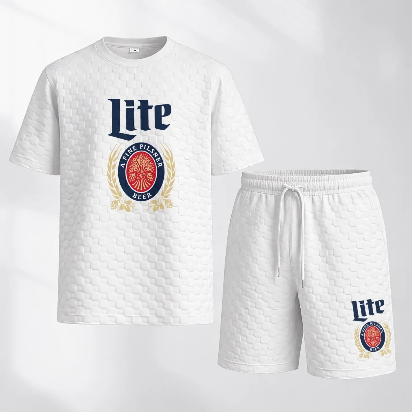 Men's Spring And Summer Vitality Beer Print With Red And Black Line Checkered Fabric Drawstring Shorts Set, Casual Summer Outfit With Short-Sleeved Shirt And Shorts, Ideal For Everyday Wear And Sports Activities