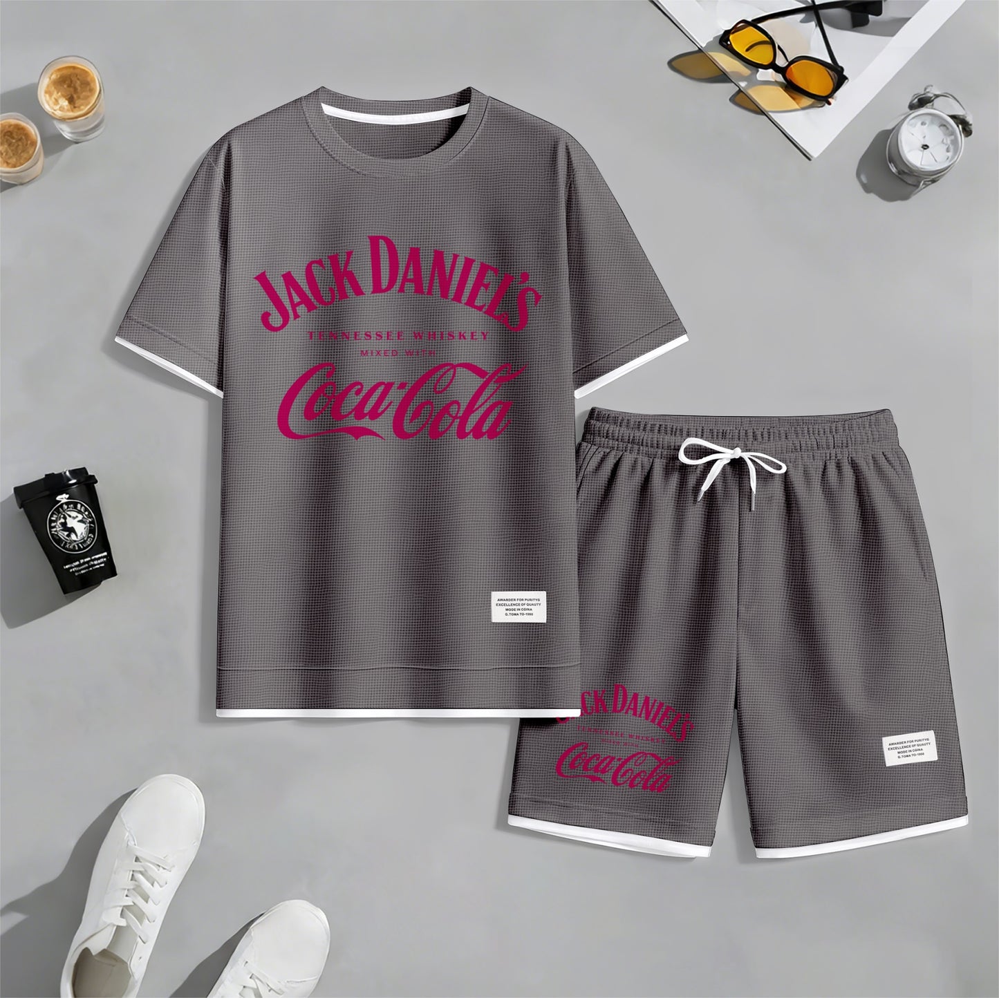Men's Beer Print Drawstring Shorts Set, Suitable For Spring And Summer Wear, Casual Summer Set, Including Short-Sleeved Shirt And Shorts, Suitable For Everyday Wear And Sports 08