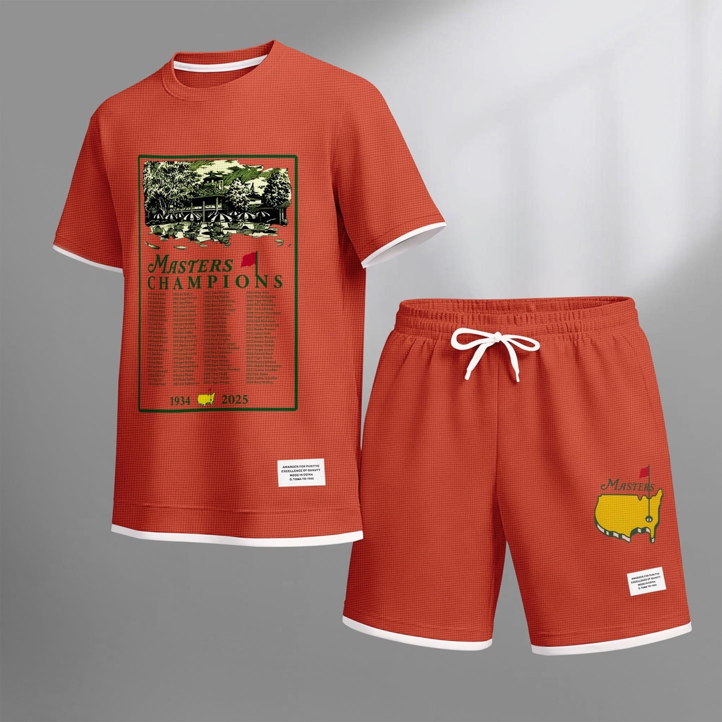 Men's Golf Club print drawstring shorts set for spring/summer, a casual summer outfit including a short-sleeved shirt and shorts, suitable for everyday wear and sports. A two-piece set for a relaxed and energetic lifestyle.