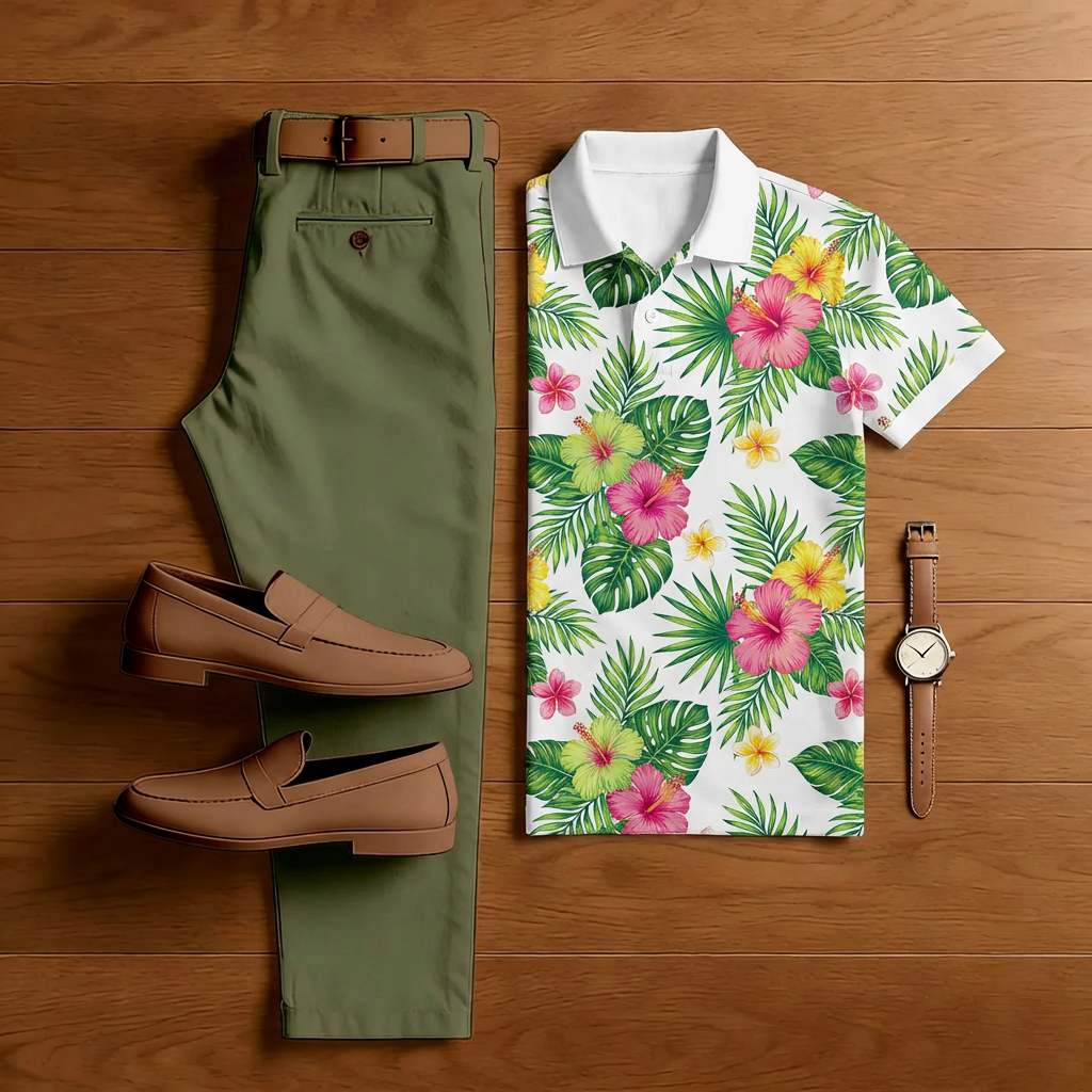 Men's Casual Green Floral Pattern Short-Sleeved Polo Shirt And Trousers Two-Piece Set