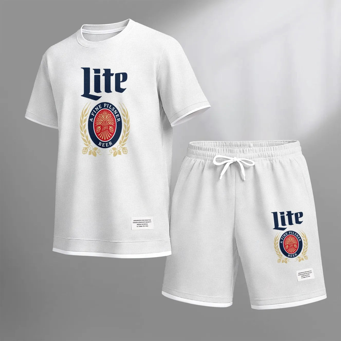 Men's Refreshing Beer Print Waffle Fabric Short-Sleeved Shirt And Shorts Set