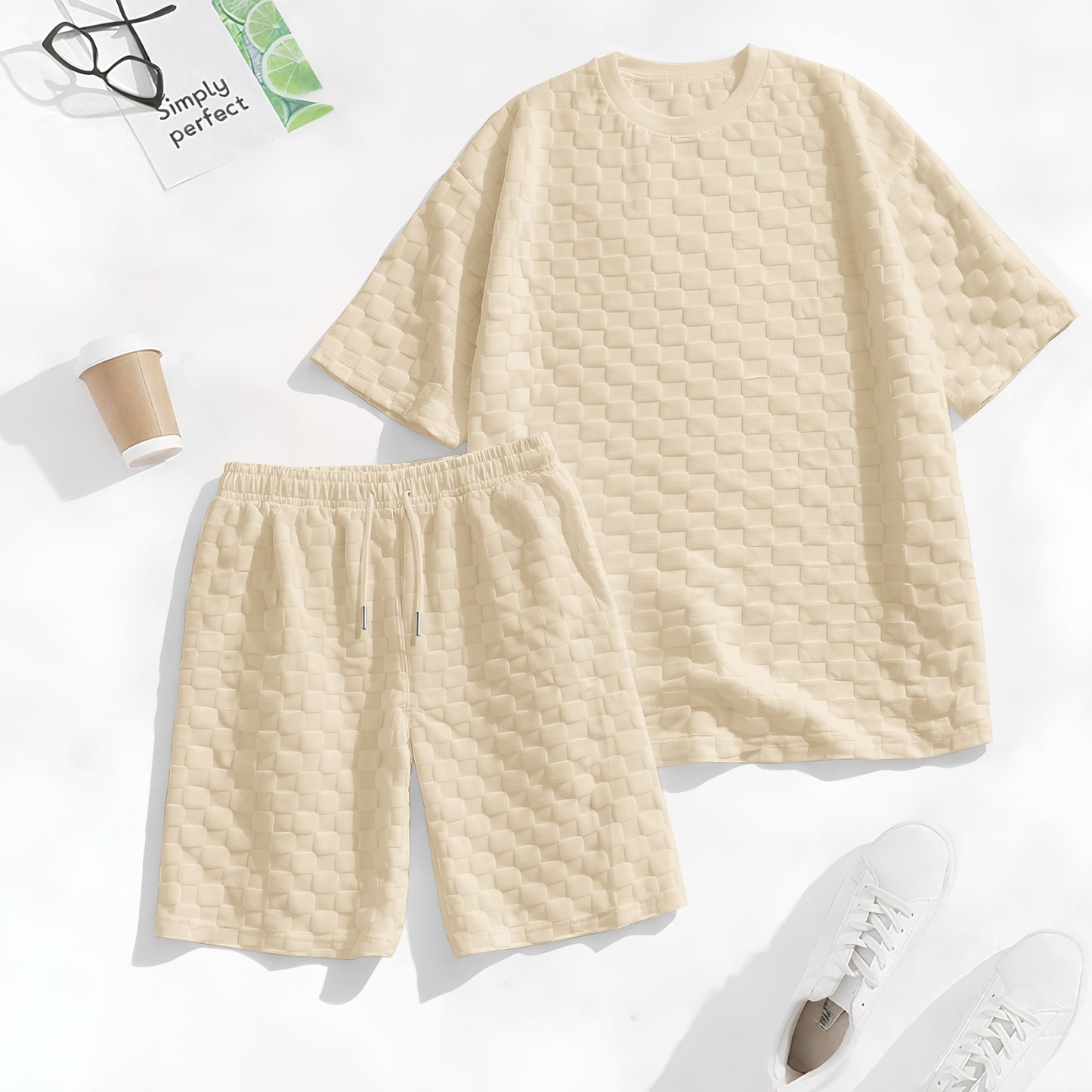 Men's Spring And Summer Drawstring Shorts Set, A Casual Summer Outfit, Including A Short-Sleeved Shirt And Shorts, Suitable For Everyday Wear And Sports Activities. A Two-Piece Set For A Relaxed And Active Lifestyle.