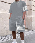 Men's Summer Simple Color Matching Print Round Neck Set 350
