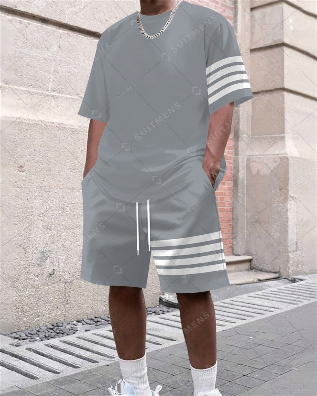 Men's Summer Simple Color Matching Print Round Neck Set 350