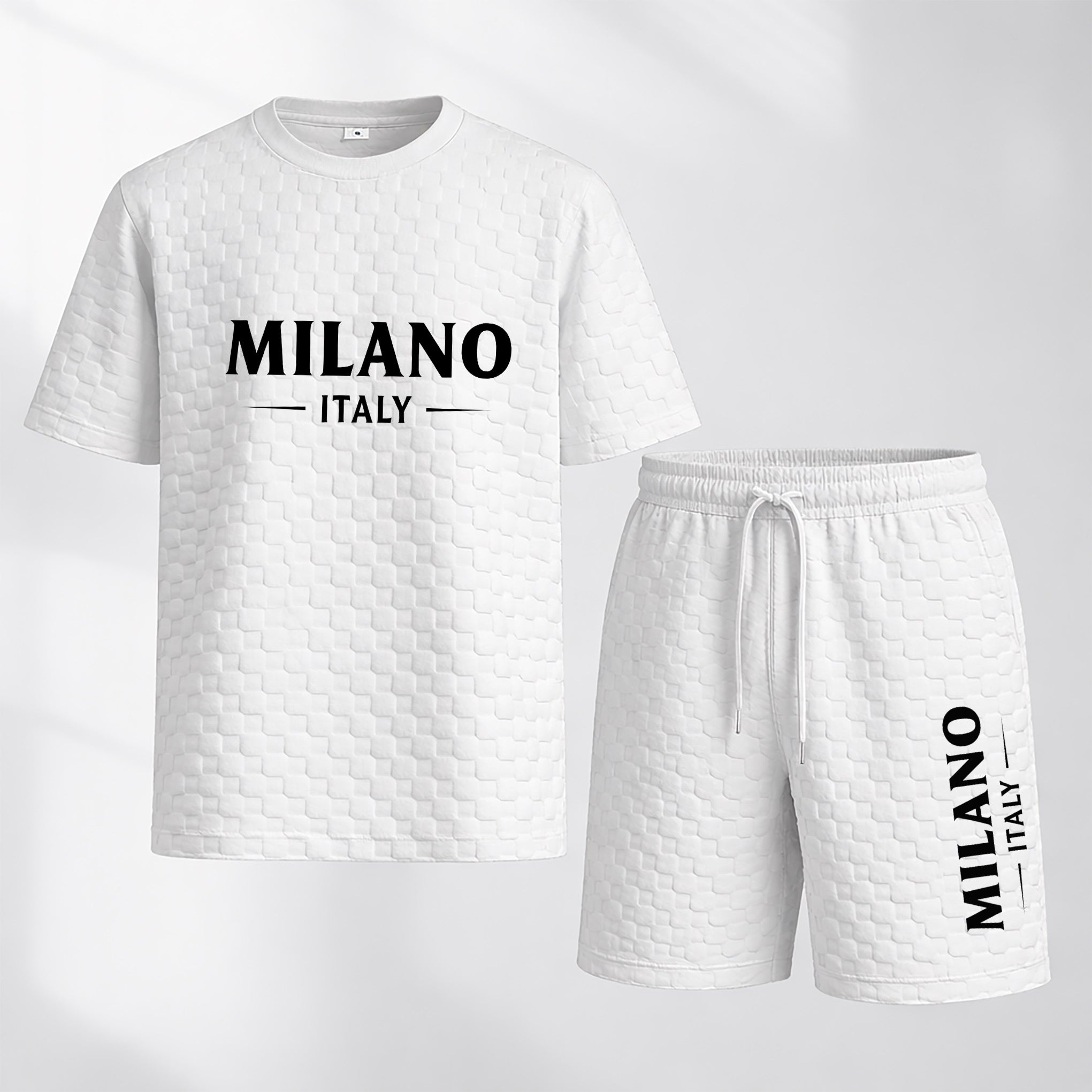 Men's Spring and Summer Milan Letter Print Checkered Fabric Drawstring Shorts Set, Casual Summer Outfit with Short-Sleeved Shirt and Shorts, Ideal for Everyday Wear and Sports Activities.