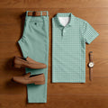 Men's Casual Green & White Color Matching Checkered Printed Short Sleeved Polo Shirt & Trousers Two-Piece Set