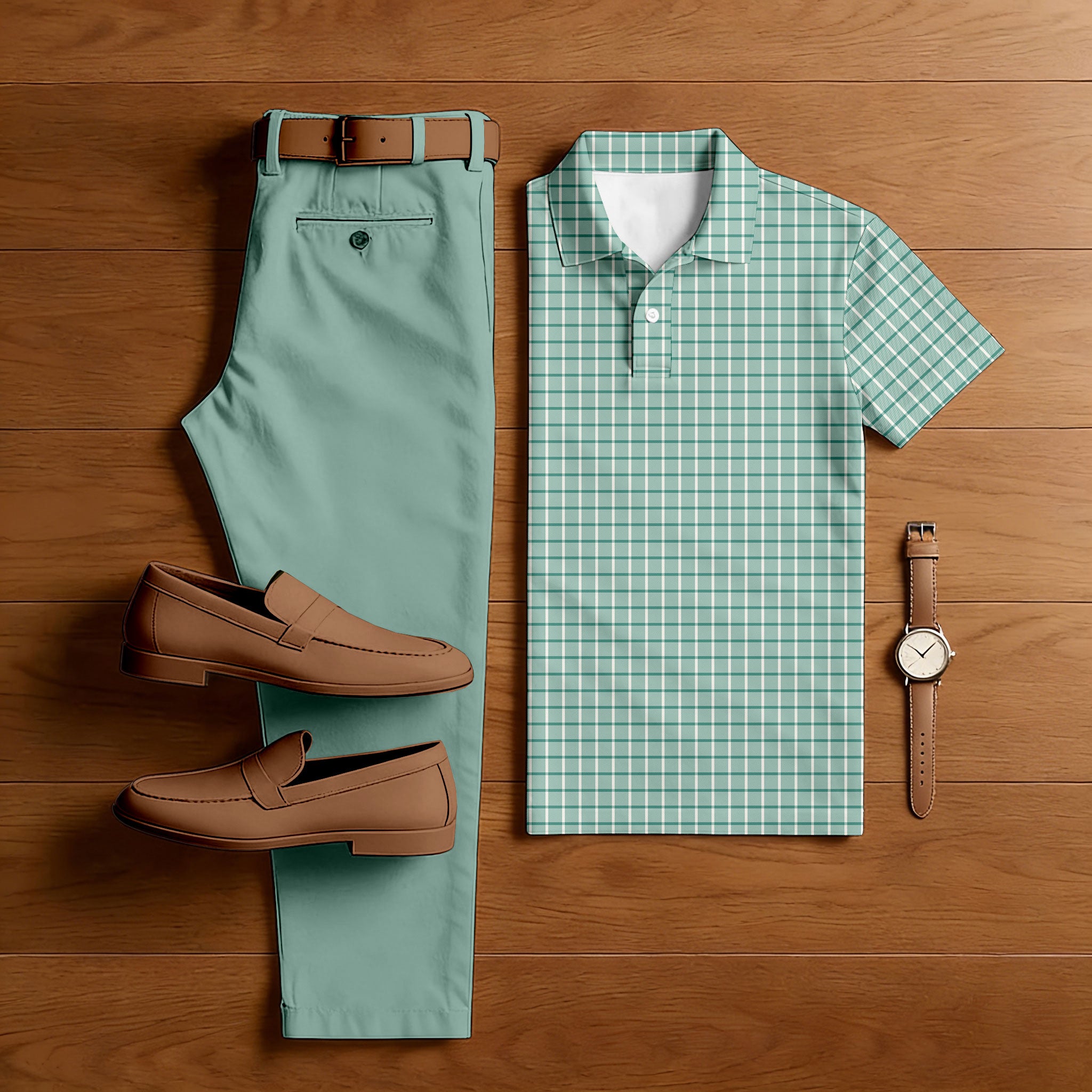 Men's Casual Green & White Color Matching Checkered Printed Short Sleeved Polo Shirt & Trousers Two-Piece Set