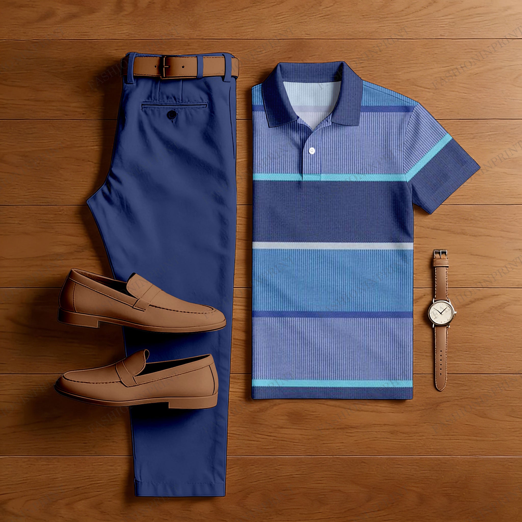 Men's Casual Multi Purple Color Matching Striped Printed Short Sleeved Polo Shirt & Trousers Two-Piece Set