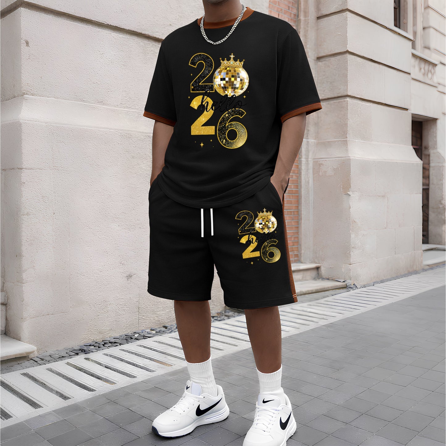 Men's 2026 Pattern Short-Sleeve T-Shirt and Drawstring Shorts Set, Men's Clothing, Casual Sporty Short-Sleeve Top and Shorts, Summer Men's Everyday Wear, Indoor and Outdoor Sportswear, Athletic Set