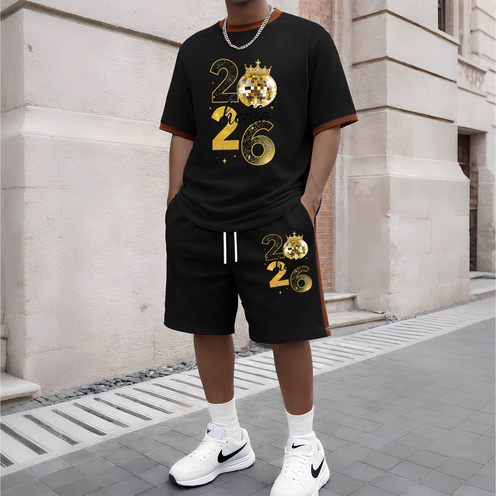 Men's 2026 Pattern Short-Sleeve T-Shirt and Drawstring Shorts Set, Men's Clothing, Casual Sporty Short-Sleeve Top and Shorts, Summer Men's Everyday Wear, Indoor and Outdoor Sportswear, Athletic Set