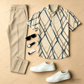 Men's Casual Apricot Pattern Color-Blocked Printed Crew Neck Short-Sleeved Shirt And Trousers Two-Piece Set