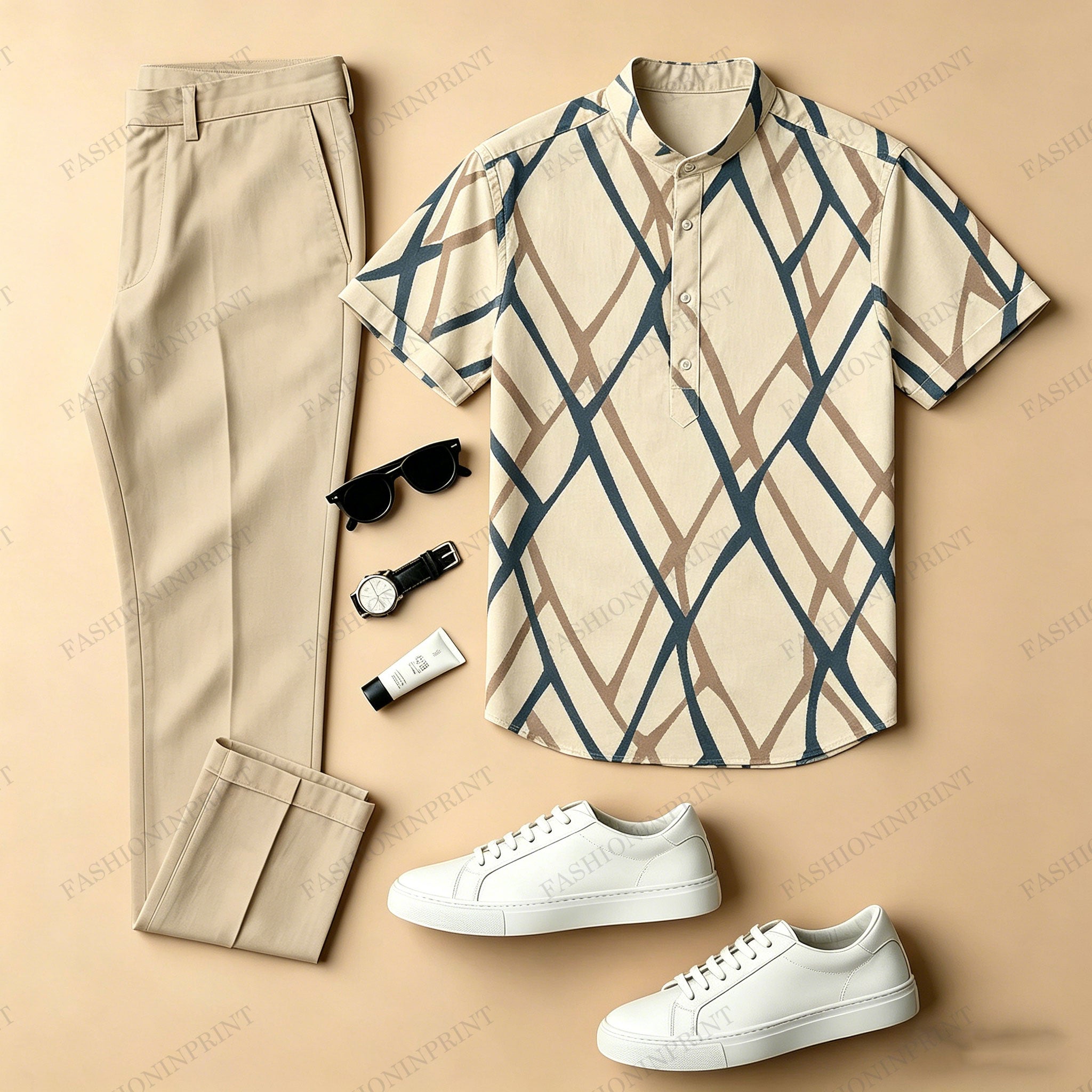 Men's Casual Apricot Pattern Color-Blocked Printed Crew Neck Short-Sleeved Shirt And Trousers Two-Piece Set