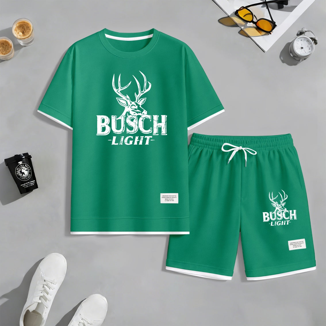 Men's Retro Outdoor Lifestyle Beer Print Waffle Fabric Short-Sleeved Shirt And Shorts Set