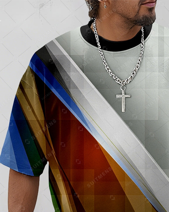 Men's Summer Colorblock Printed Round Neck Suit 087