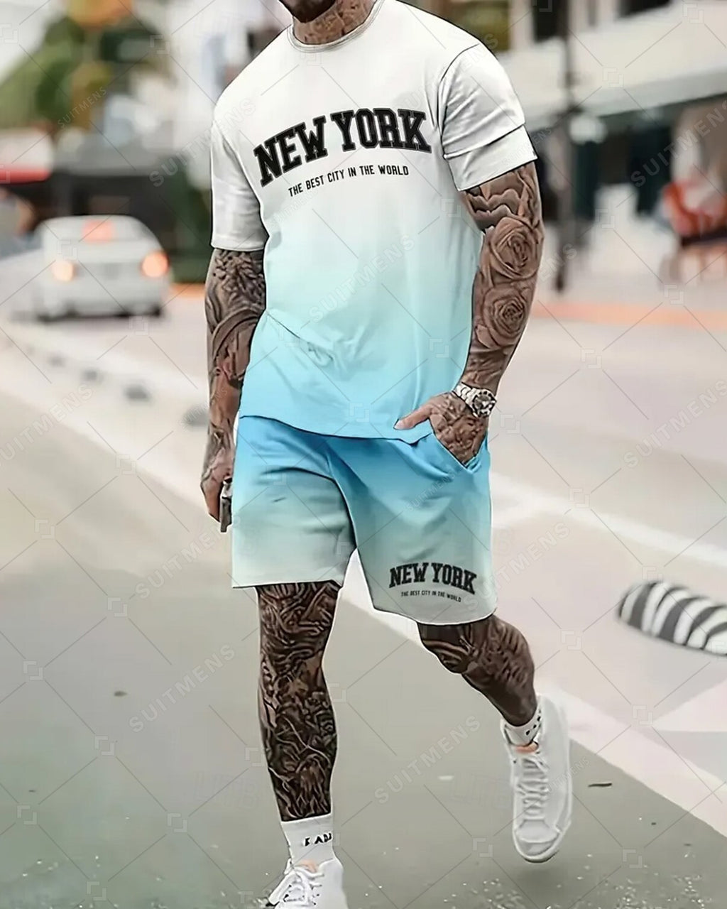Men's Summer Gradient Print Round Neck Set 240