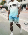Men's Summer Gradient Print Round Neck Set 240