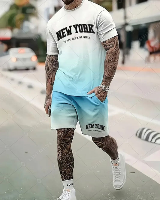 Men's Summer Gradient Print Round Neck Set 240