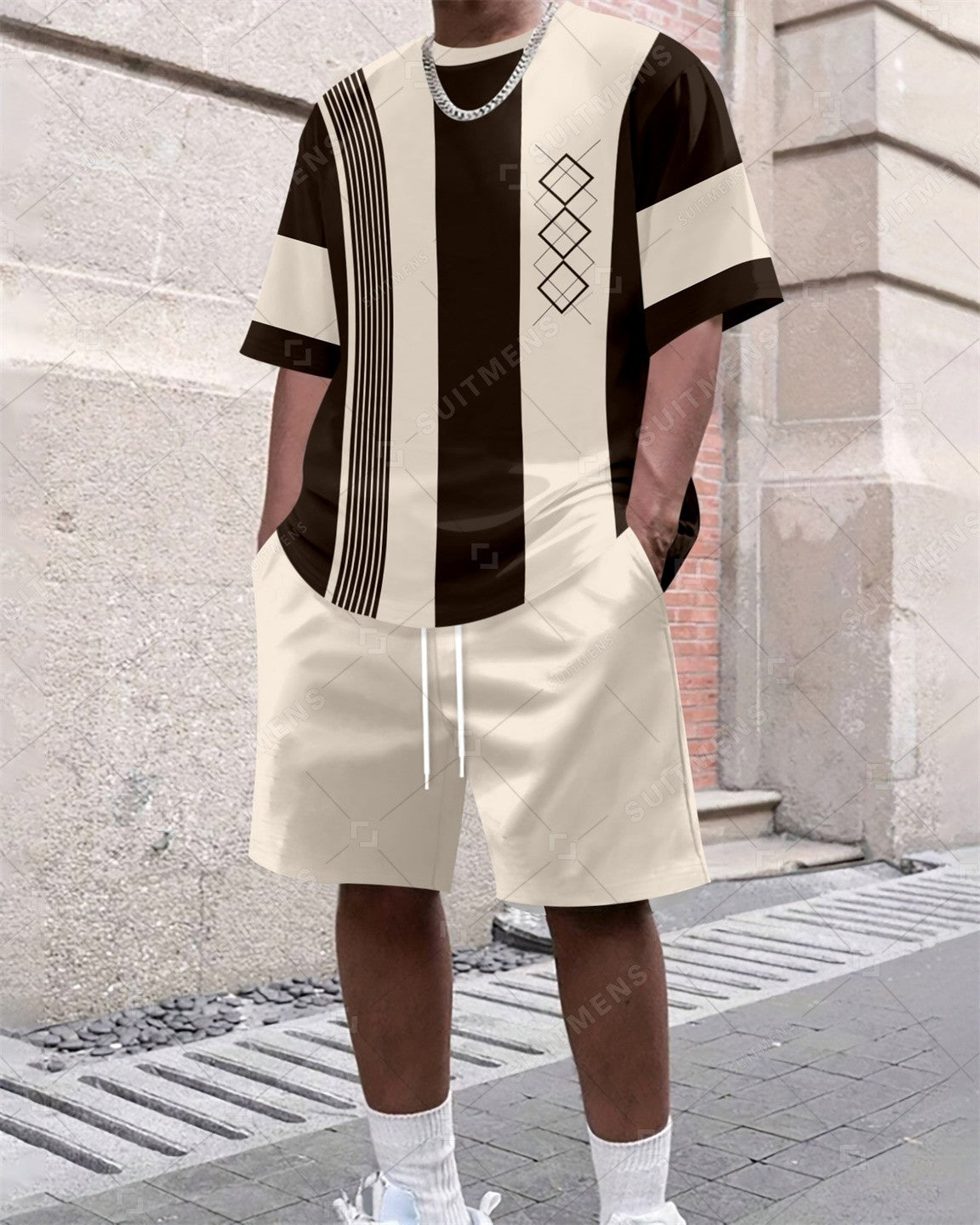 Men's Summer Colorblock Printed Round Neck Set 380
