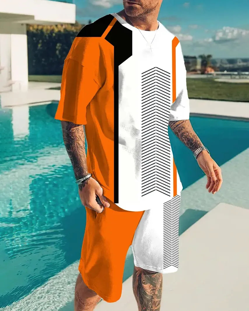 Men's casual color block printed shorts Set 542
