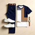 Men's Casual Color-Blocked Geometric Two-Piece Set: Printed Crew Neck Short-Sleeve Top & Long Pants205278