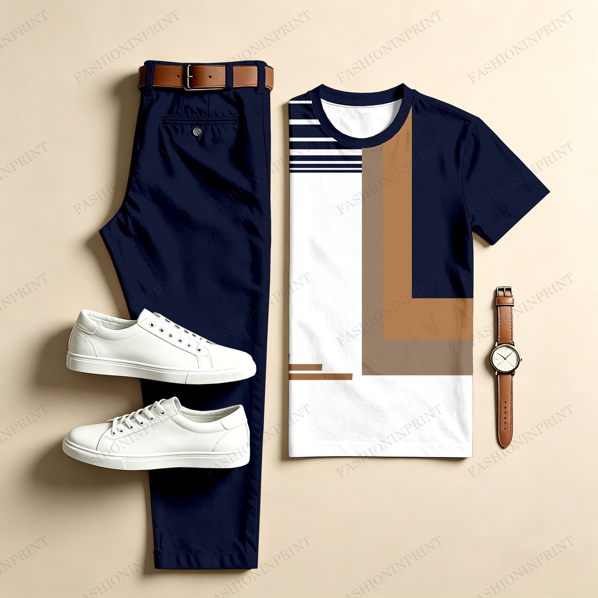 Men's Casual Color-Blocked Geometric Two-Piece Set: Printed Crew Neck Short-Sleeve Top & Long Pants205278