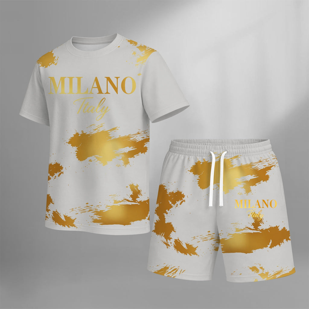 Men’s MILANO Graphic T Shirt and Shorts Set, Italy Inspired 2 Piece Matching Outfit with Short Sleeve Tee and Elastic Waist Drawstring Shorts, Soft Breathable Summer Set for Holiday, Street Style, Travel, and Everyday Wear