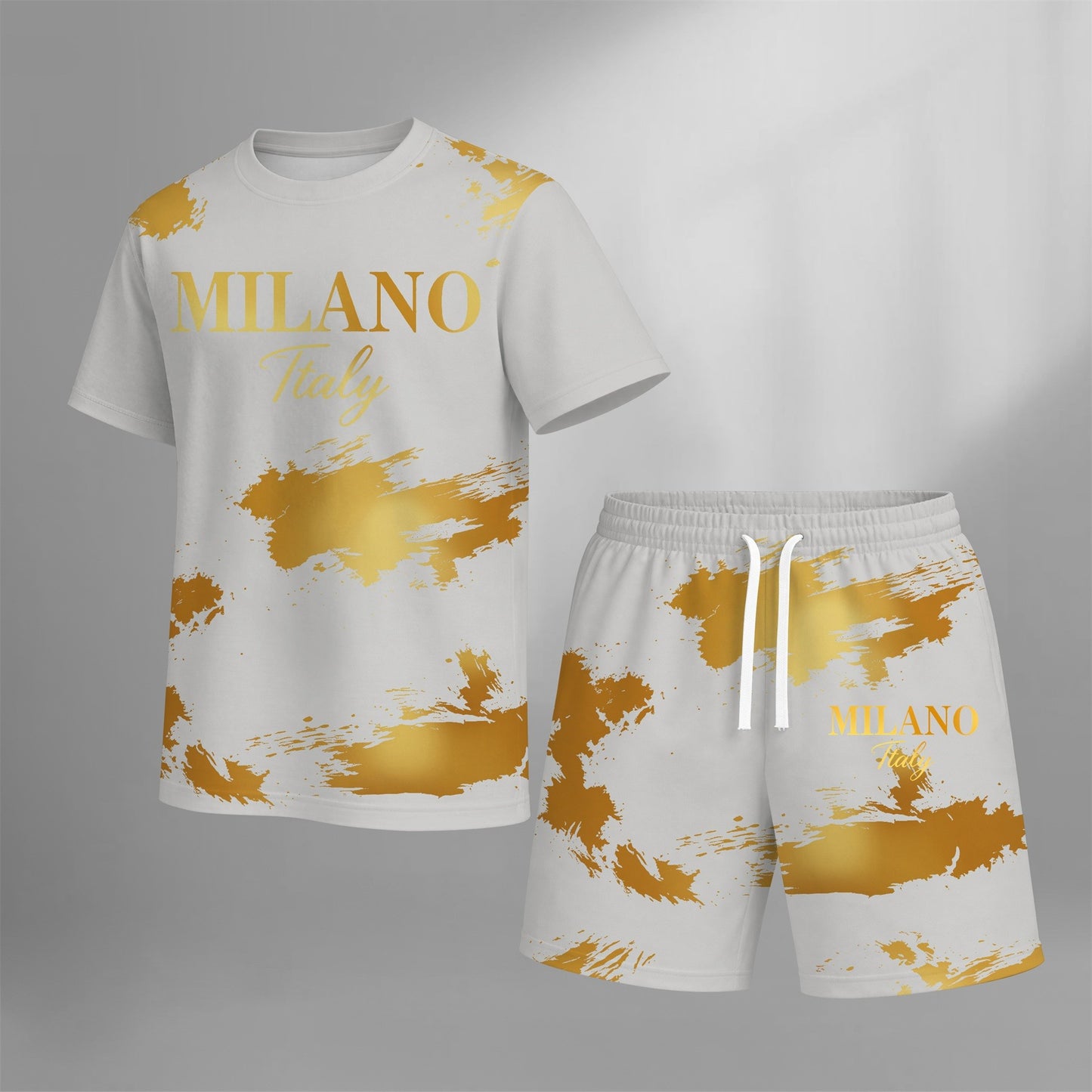 Men’s MILANO Graphic T Shirt and Shorts Set, Italy Inspired 2 Piece Matching Outfit with Short Sleeve Tee and Elastic Waist Drawstring Shorts, Soft Breathable Summer Set for Holiday, Street Style, Travel, and Everyday Wear