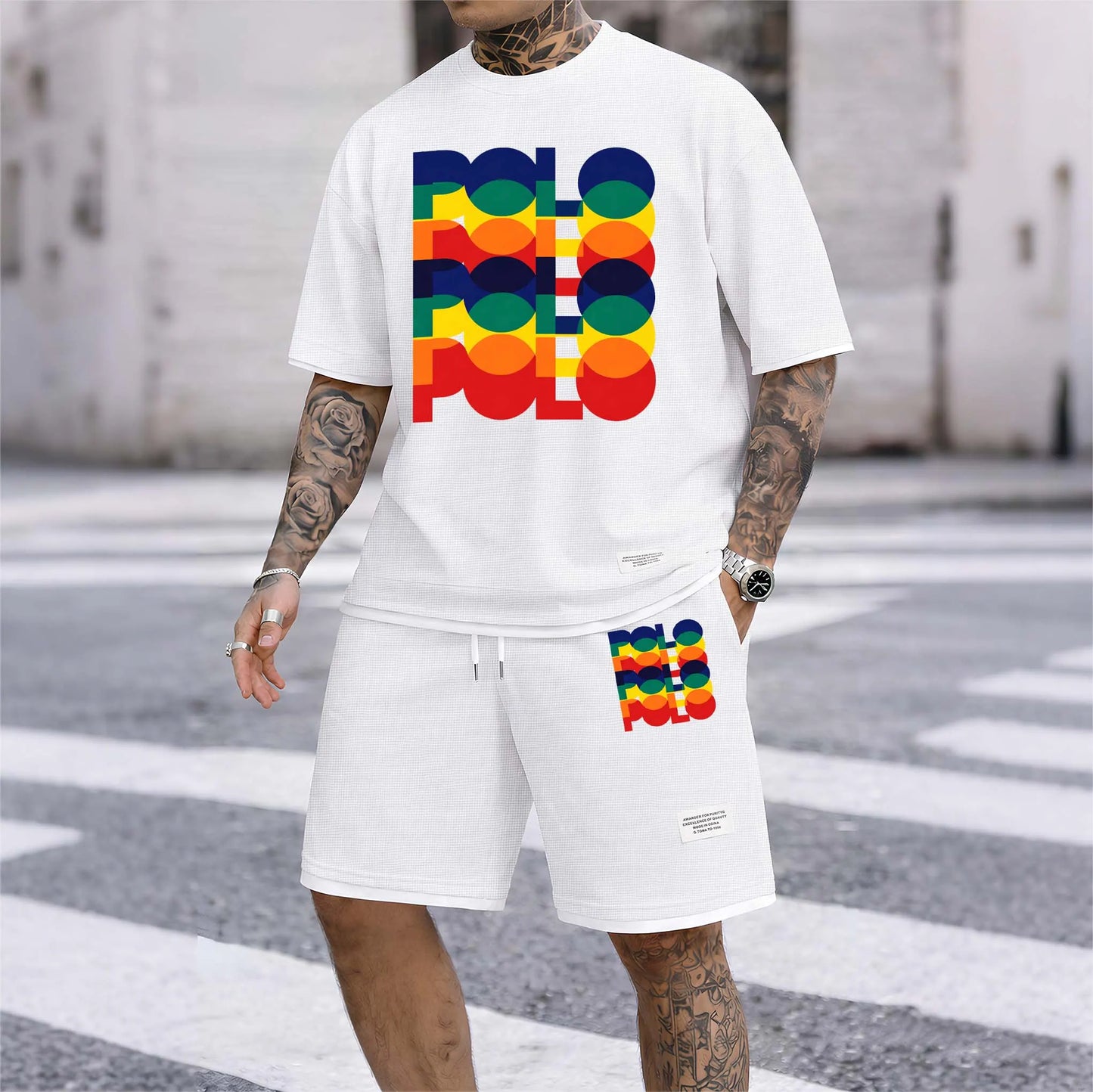 Men's Polo Print Drawstring Shorts Set For Spring/Summer. A Casual Summer Outfit, Including A Short-Sleeved Shirt And Shorts, Suitable For Everyday Wear And Sports. A Two-Piece Set For A Relaxed And Energetic Lifestyle.