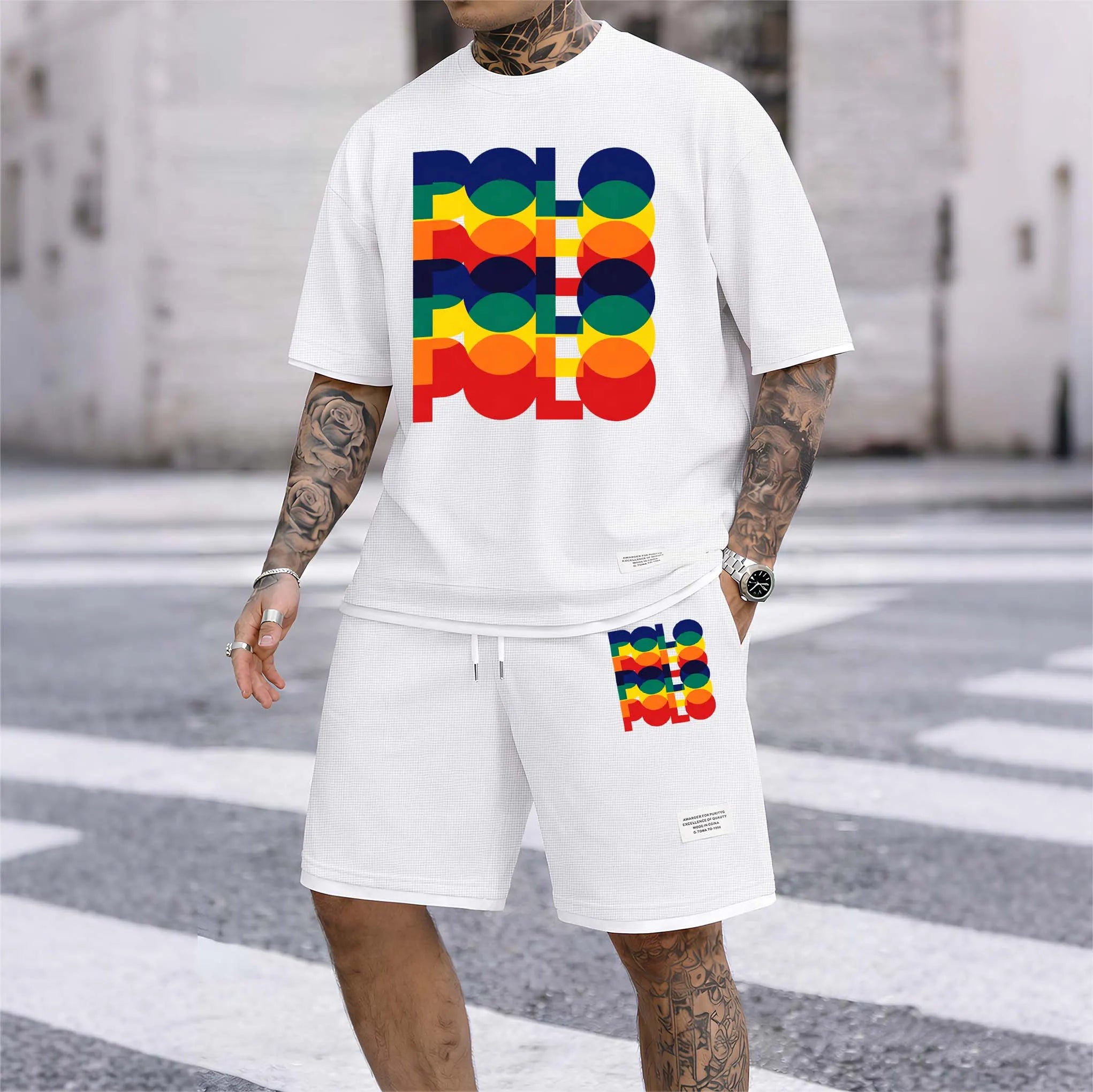 Men's Polo Print Drawstring Shorts Set For Spring/Summer. A Casual Summer Outfit, Including A Short-Sleeved Shirt And Shorts, Suitable For Everyday Wear And Sports. A Two-Piece Set For A Relaxed And Energetic Lifestyle.