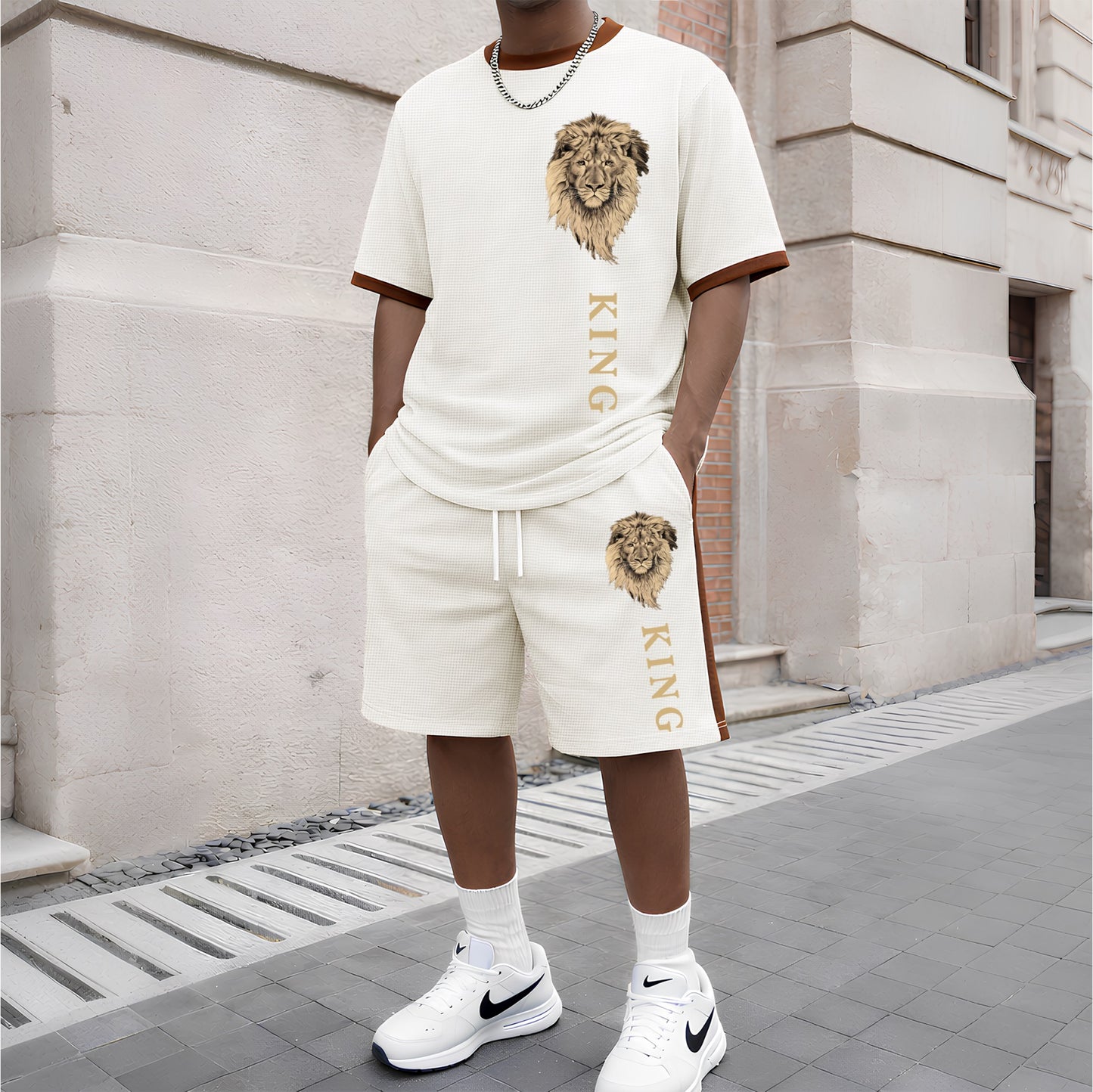 Men's King Pattern Short-Sleeved T-Shirt And Drawstring Shorts Set, Men's Casual Sportswear, Short-Sleeved Top And Shorts, Summer Men's Everyday Wear, Indoor And Outdoor Athletic Wear, Sports Set