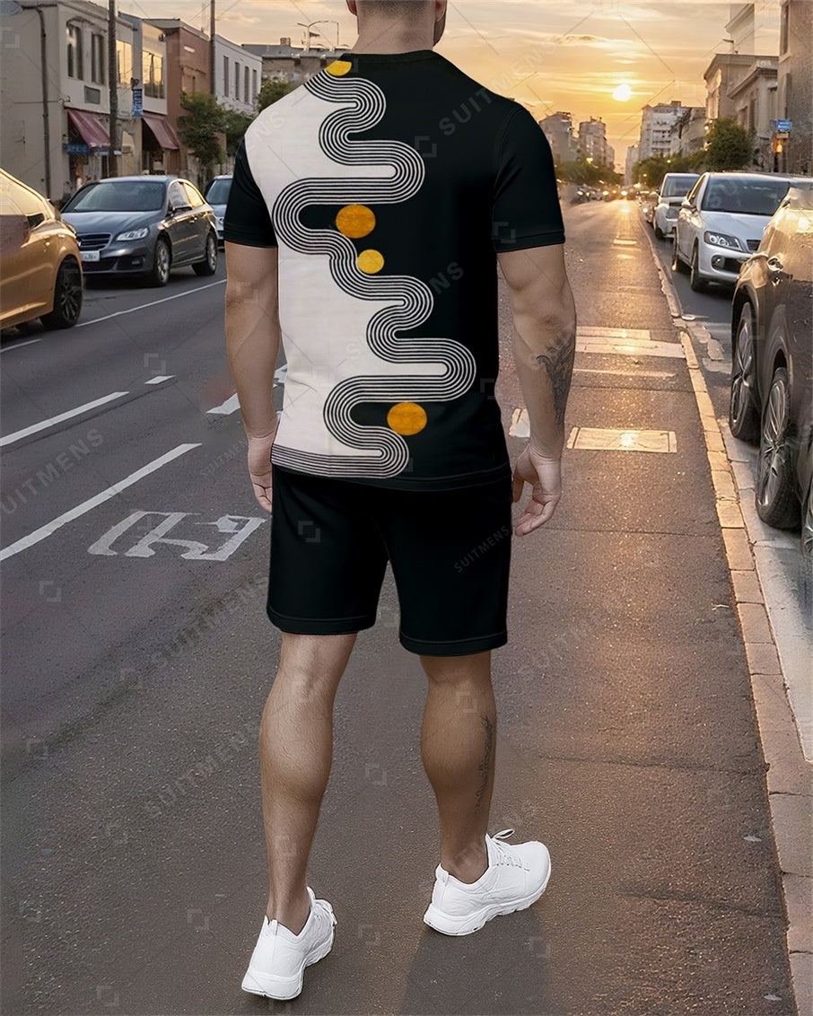 Men's Summer Colorblock Printed Round Neck Set 810