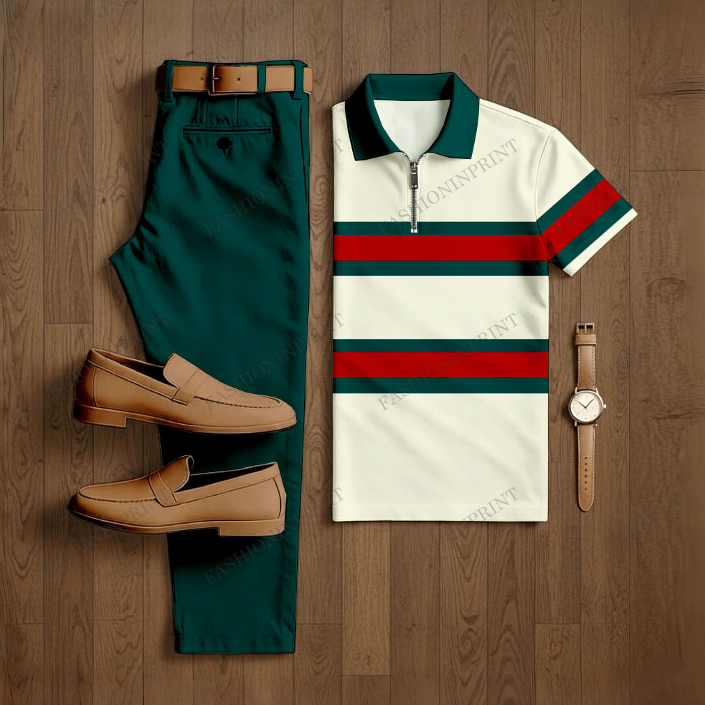 Men's Casual Beige & Green Color Matching Striped Printed Short Sleeved Polo Shirt & Trousers Two-Piece Set