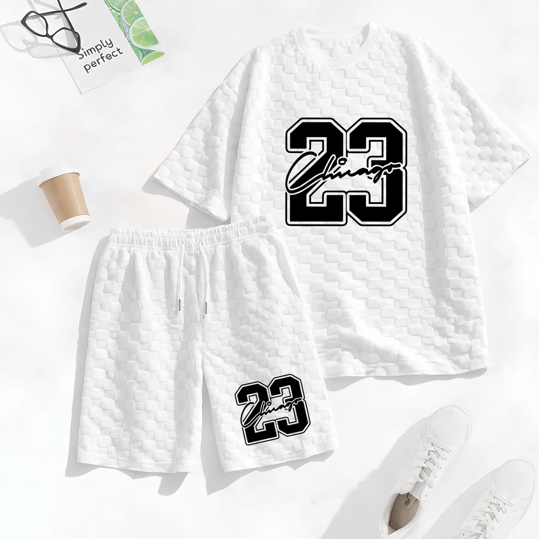 Men's No. 23 Graphic Print Spring And Summer Drawstring Shorts Set, A Casual Summer Outfit, Including A Short-Sleeved Shirt And Shorts, Suitable For Everyday Wear And Sports Activities. A Two-Piece Set For A Relaxed And Active Lifestyle.