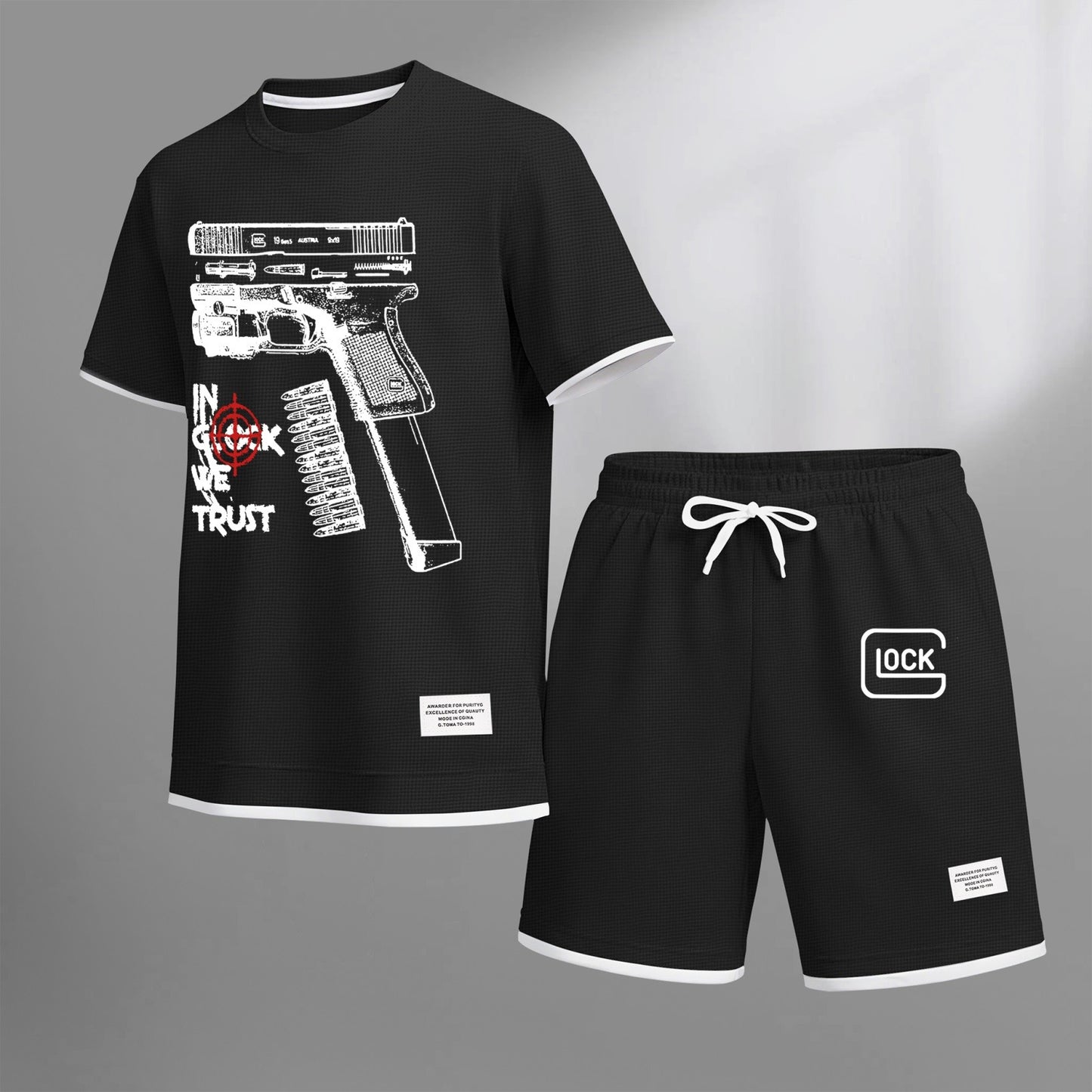 Men's classic K-print drawstring shorts set, perfect for spring and summer. This casual summer set includes a short-sleeved shirt and shorts, ideal for everyday wear and sports activities
