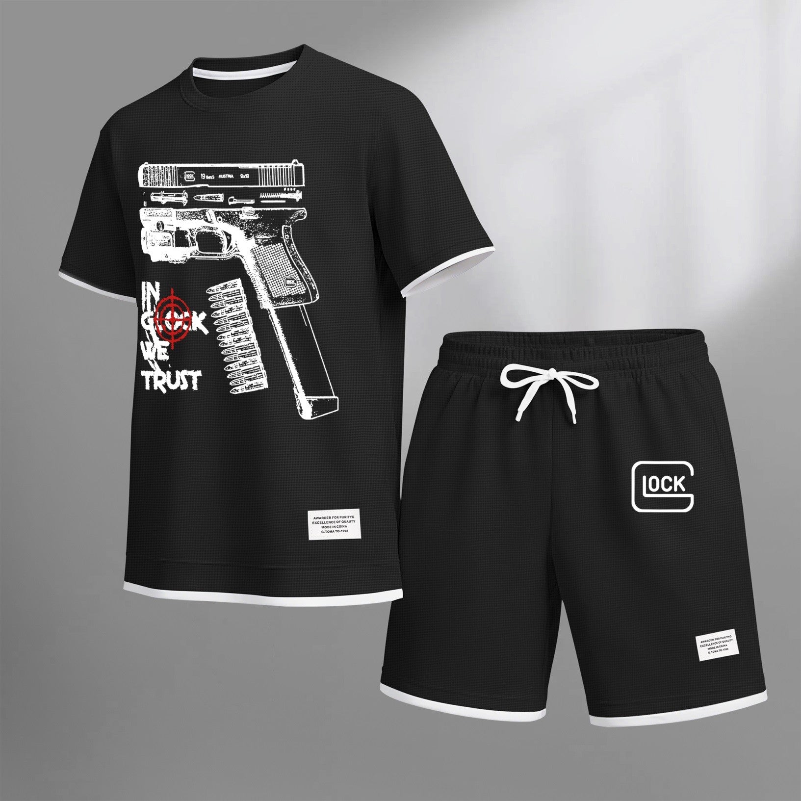 Men's classic K-print drawstring shorts set, perfect for spring and summer. This casual summer set includes a short-sleeved shirt and shorts, ideal for everyday wear and sports activities