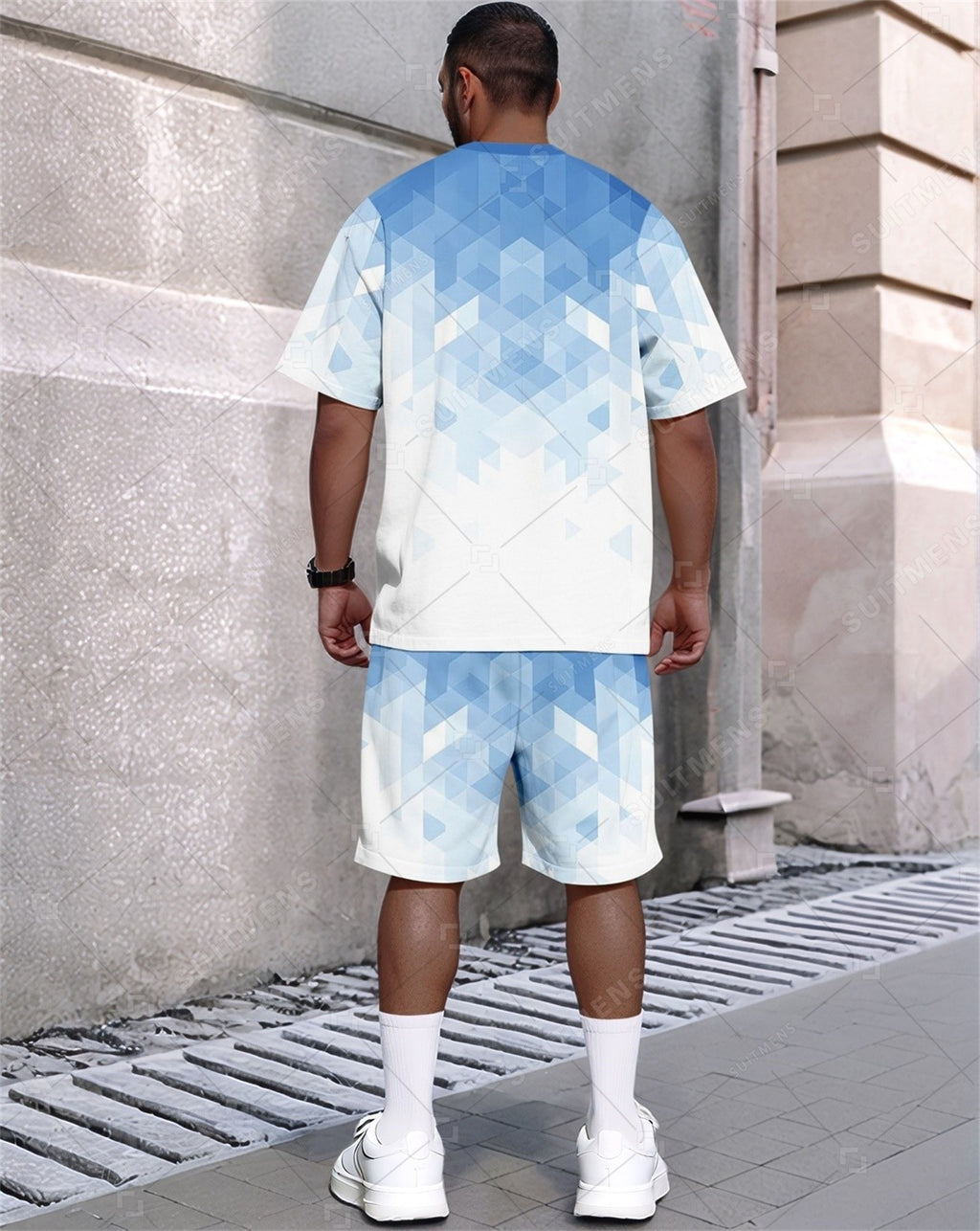 Men's Summer Gradient Print Round Neck Set 370