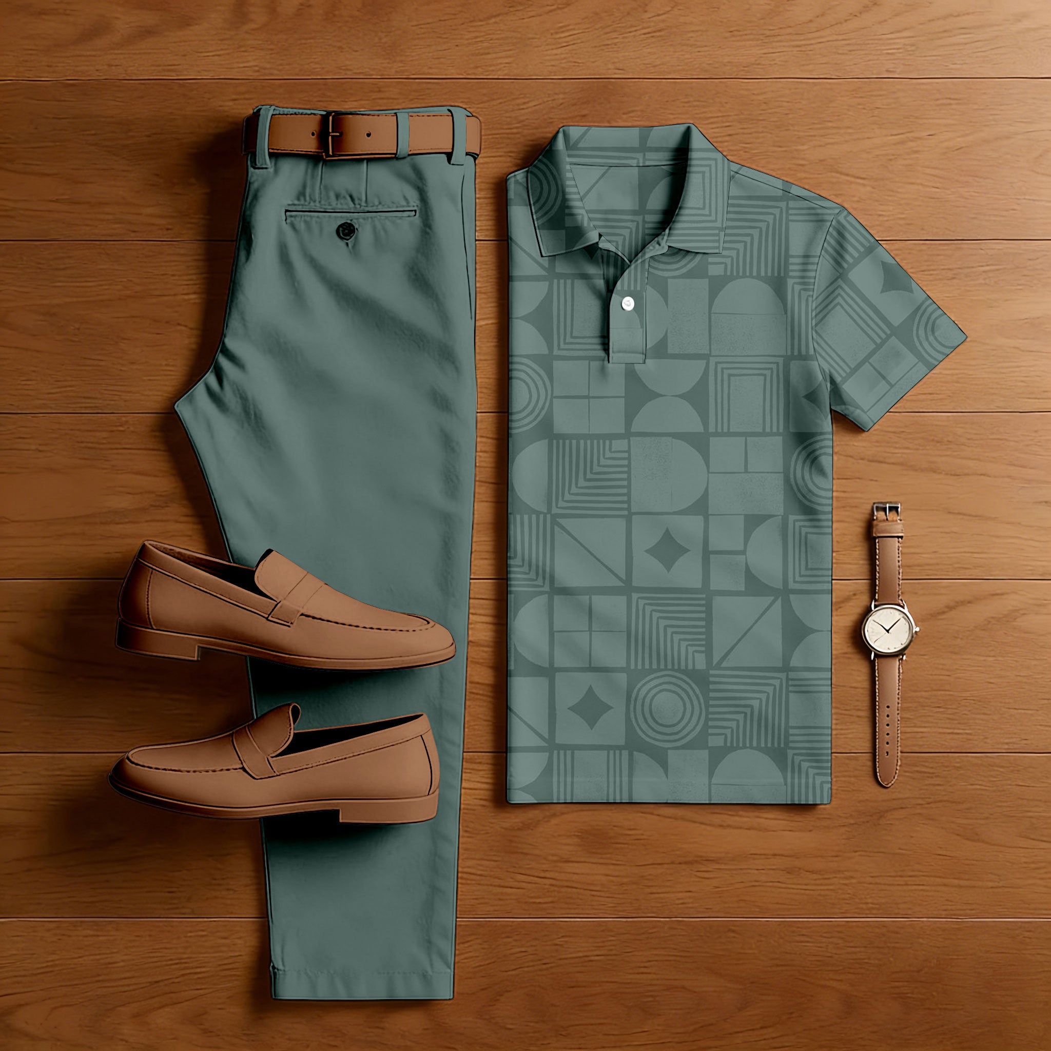Men's Casual Green Color Matching Geometric Printed Short Sleeved Polo Shirt & Trousers Two-Piece Set 199151
