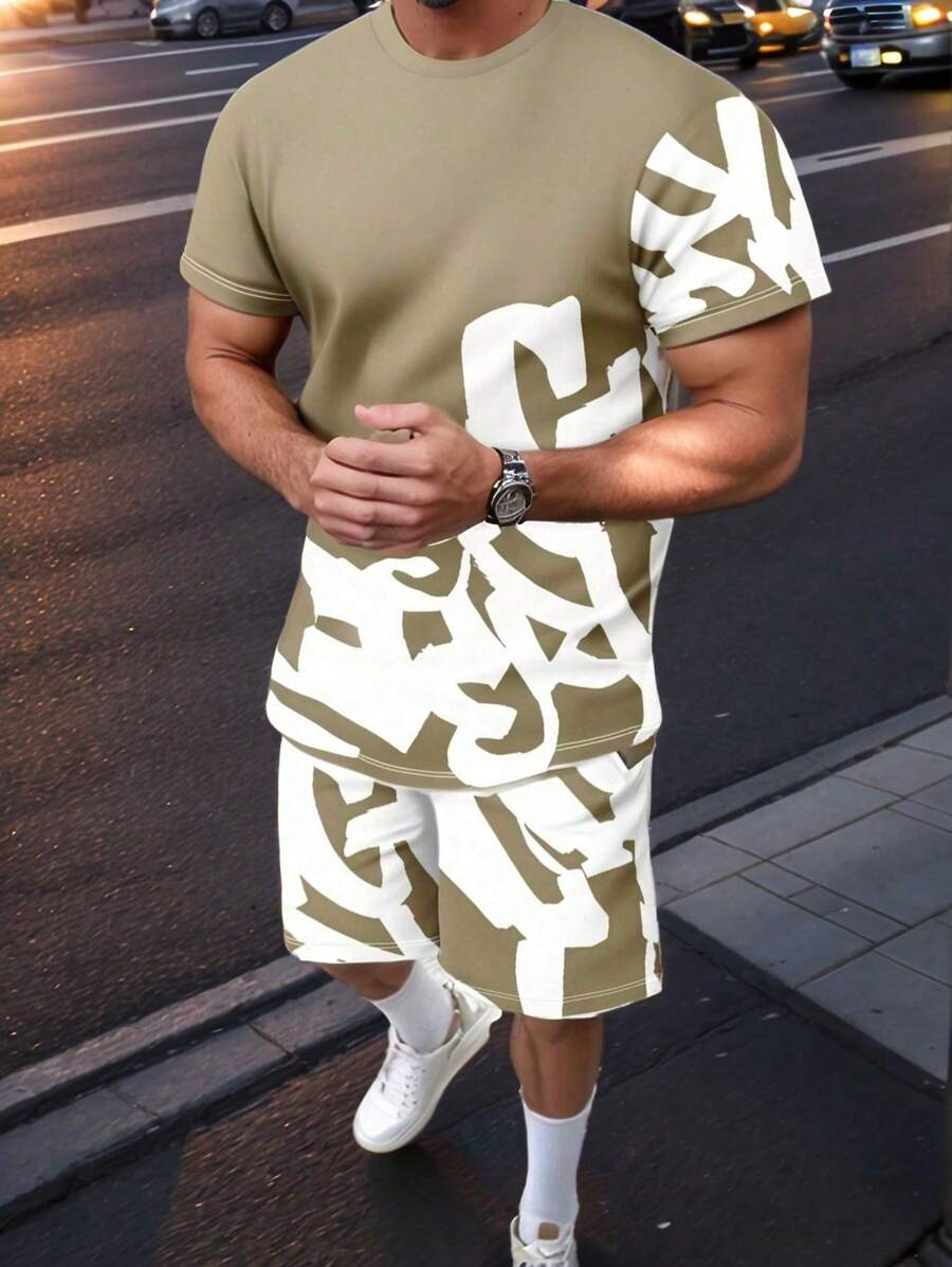 Men's Summer Colorblock Printed Round Neck Set 410