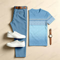 Men's Casual Gradient Stripes Two-Piece Set: Printed Crew Neck Short-Sleeve Top & Long Pants