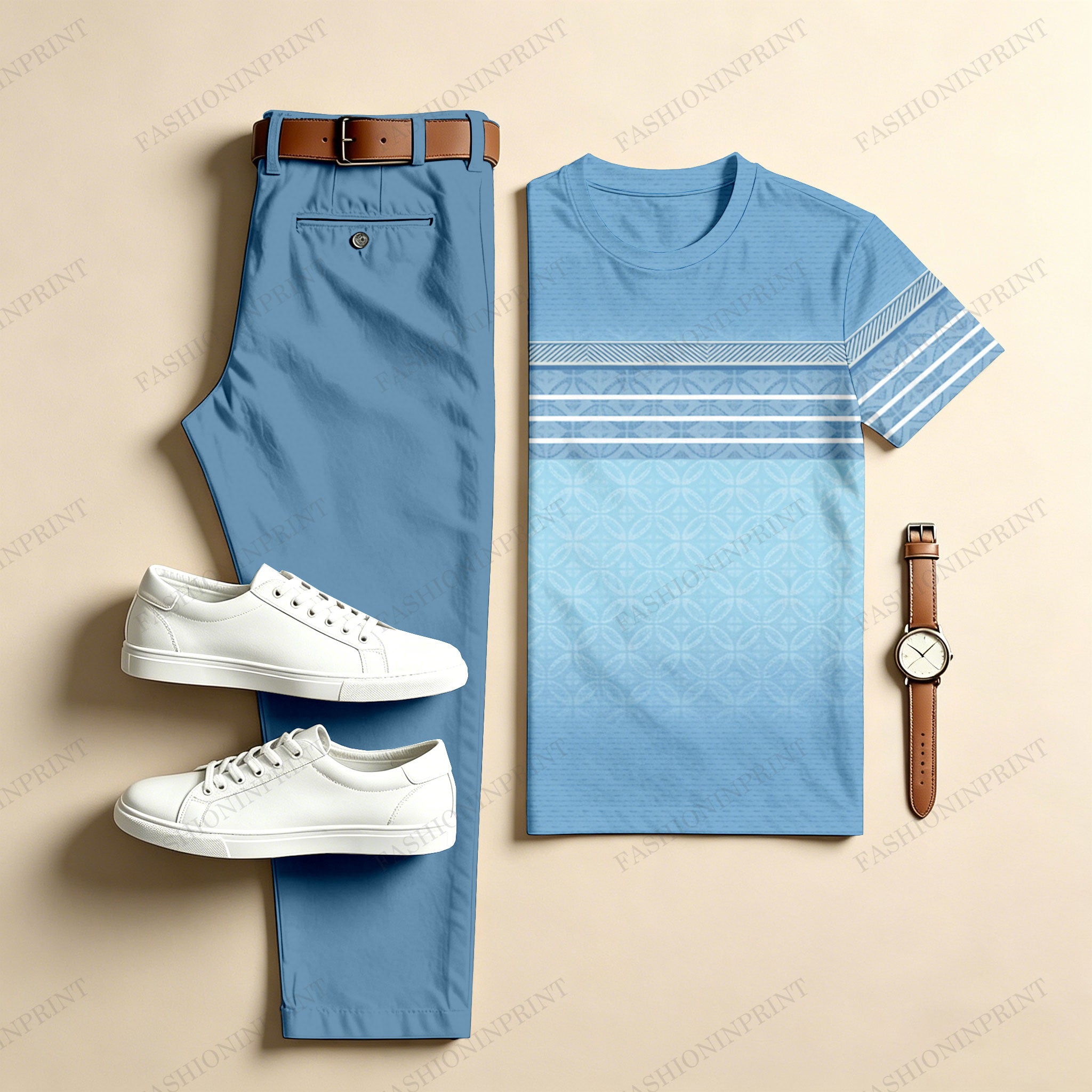 Men's Casual Gradient Stripes Two-Piece Set: Printed Crew Neck Short-Sleeve Top & Long Pants